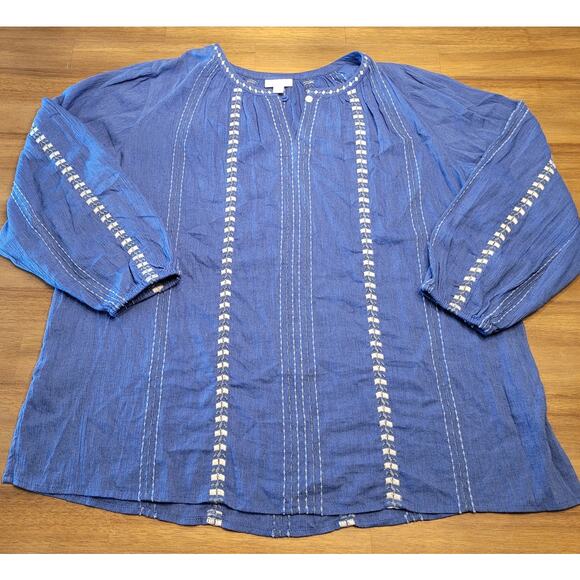 J. Jill Blue Embroidered Peasant Blouse Long Sleeve Medium EUC - Picture 4 of 13